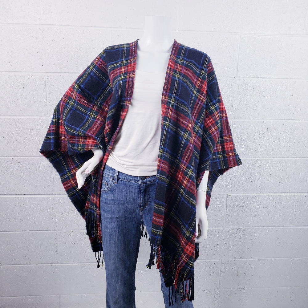 Vintage Tartan Plaid Pure New‎ Wool Ruana Wrap Fringe Open Front Red Black